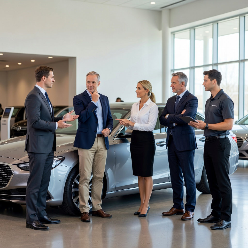 Professional car dealership team assisting a customer